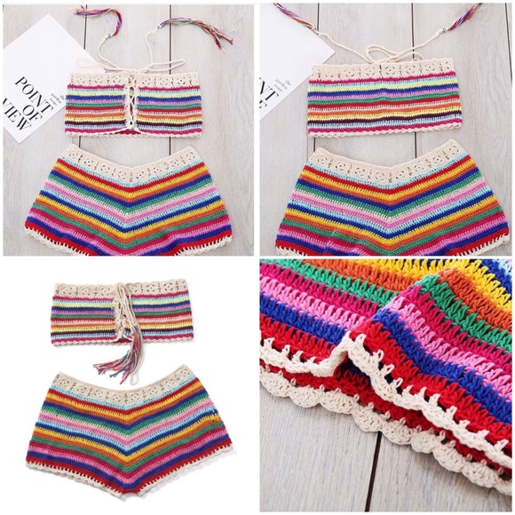 Boho Crochet Tie Up Bikini Two Piece Swim Suit - Picture 7 of 8